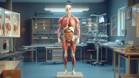 An educational scene featuring a human body mannequin with removable organs, used for teaching purposes in a classroom or medical training environment.の素材