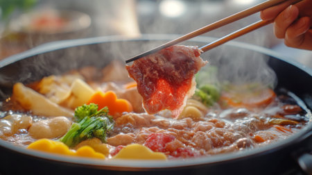 A close-up of a hand using chopsticks to pick up a piece of meat from a steaming hot pot, with colorful vegetables and bubbling broth visible in the background.の素材