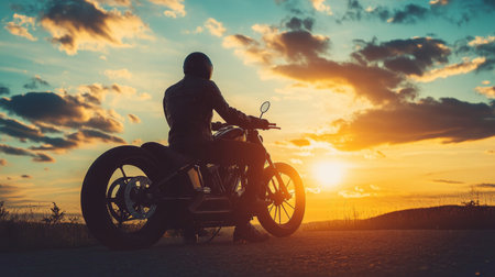 A biker in a leather jacket sitting on a custom motorcycle, with the sun setting behind them, creating a dramatic silhouette.の素材