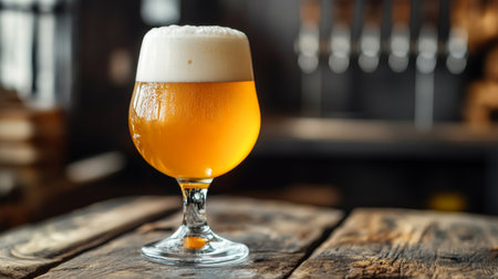 A close-up of a frothy glass of beer with bubbles rising, set against a rustic wooden table, with a focus on the golden color and rich foam.の素材