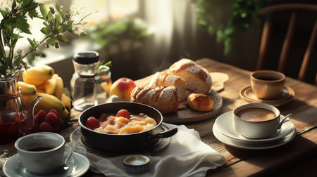 A charming breakfast table scene with a small pan of , served alongside fresh bread, fruit, and coffee, creating a cozy and inviting morning setting.の素材