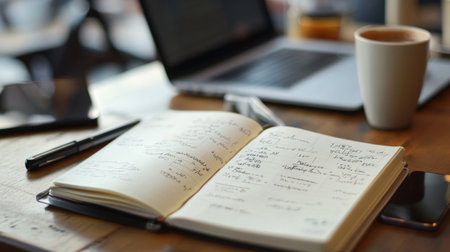 A close-up of a notebook filled with handwritten notes and doodles, alongside a laptop and coffee cup, showcasing the creative process and concept exploration.の素材
