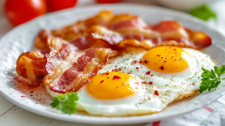 A plate of bacon and eggs served together, with vibrant colors and textures, against a colorful table setting for a hearty breakfast.の素材
