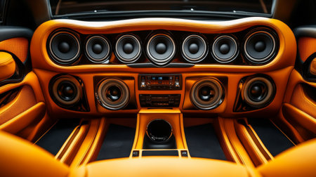 A wide-angle shot of a high-end car audio system with multiple speakers positioned around the interior, designed for an immersive sound experience.の素材