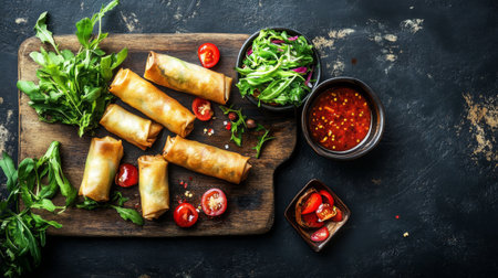 A rustic wooden board with a selection of mini spring rolls, drizzled with a spicy sauce, creating an appetizing and inviting presentation.の素材