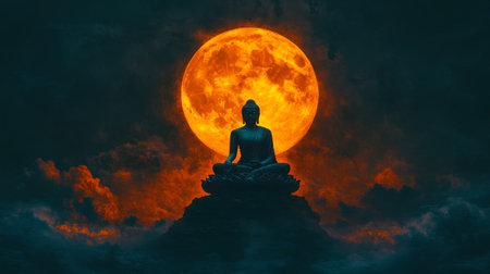 A mesmerizing image of a Buddha statue silhouette with a glowing full moon behind it, creating a mystical and serene atmosphere in the night sky.の素材