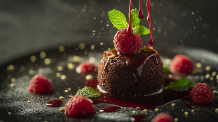 A luxurious chocolate dessert plated with a drizzle of raspberry sauce and garnished with mint leaves, showcasing a refined and indulgent culinary creation.の素材