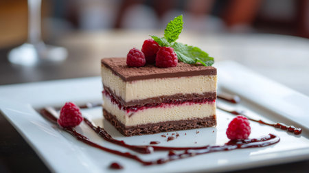 A luxurious chocolate dessert plated with a drizzle of raspberry sauce and garnished with mint leaves, showcasing a refined and indulgent culinary creation.の素材
