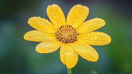 A macro shot of a bright yellow sunflower with morning dew on its petals, highlighting the contrast between the vivid flower and the cool, refreshing droplets.の素材
