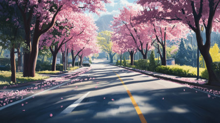 A close-up of a charming road lined with blooming cherry blossom trees, creating a vibrant and picturesque scene in springtime.の素材