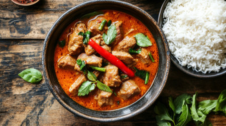 An overhead shot of a traditional Thai pork curry, with tender pork chunks simmered in a rich, aromatic curry sauce, served with a side of steamed jasmine rice.の素材