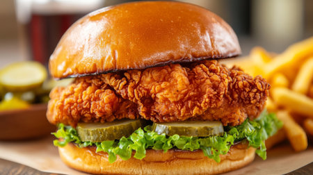 A close-up of a fried chicken sandwich with crispy chicken fillet, lettuce, pickles, and mayo, served on a toasted bun with a side of fries.の素材