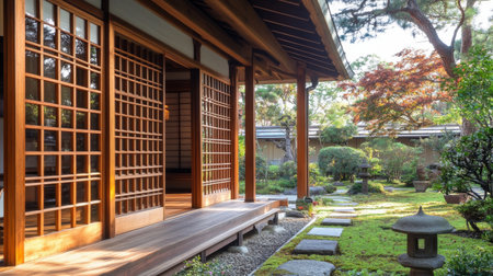 A close-up of a Japanese house facade, highlighting the intricate wooden latticework, sliding shoji screens, and a tranquil garden with stone lanterns.の素材