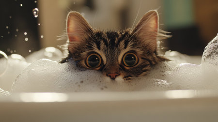 A playful image of a fluffy cat curiously peeking out from a bathtub filled with bubbles, showcasing its wet fur and a look of surprise, evoking a sense of curiosity.の素材