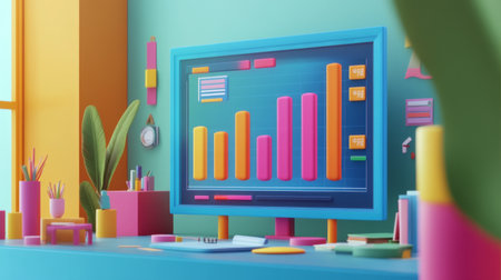 A D animated bar chart displayed on a large screen, showing real-time financial data and trends, with a team of professionals discussing the insights.の素材