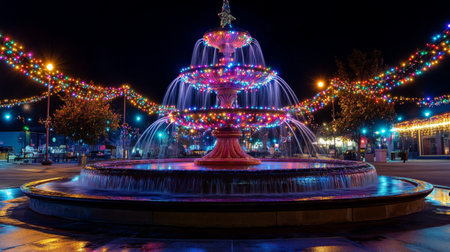 Vibrant, colorful Christmas lights decorating a grand fountain in the center of a public square, reflecting off the water at night.の素材