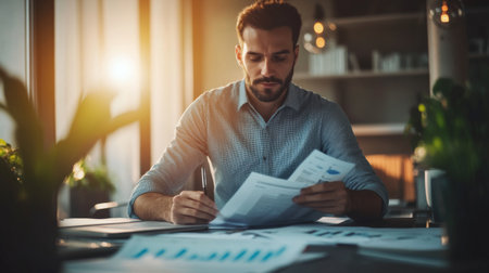 A young male professional working in a bright minimalist office, surrounded by documents and charts, deeply engaged in his work.の素材
