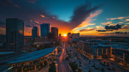 An overhead view of a bustling cityscape with the sun setting between high-rise buildings, creating a beautiful gradient of colors in the sky and casting a warm glow over the urban landscape.の素材