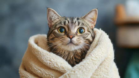 A charming image of a cat wrapped in a towel after its bath, looking cozy and content, with its wet fur being gently dried in a homey, relaxed environment.の素材
