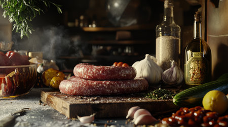 A detailed image of raw sausages on a butchers block, with visible seasoning and spices, ready to be cooked, surrounded by fresh ingredients.の素材