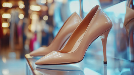 A close-up of trendy high-heeled shoes in a stylish boutique setting, with a focus on the elegant design, shiny leather, and intricate details.の素材