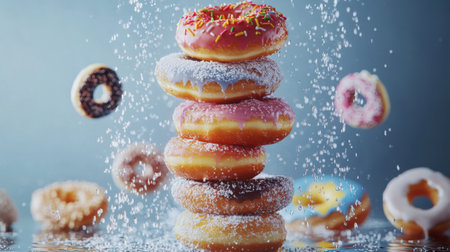 A creative image of donuts being stacked in a fun, artistic arrangement, with a focus on the vibrant colors and textures of the different donut varieties.の素材