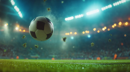 A dynamic shot of a soccer ball in mid-air, being kicked by a player on a green field with stadium lights and a cheering crowd in the background.の素材