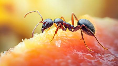 A high-quality image of an ant exploring a piece of fruit, with close-up detail of its antennae and legs, and a blurred background of the fruit.の素材
