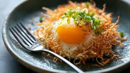 A close-up shot of a single serving of  with crispy edges and a golden yolk, placed on a small plate with a fork ready to enjoy the flavorful dish.の素材