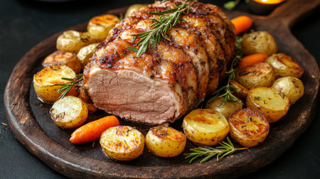 A high-resolution image of a delicious pork roast with crispy skin, garnished with rosemary and served with roasted potatoes and carrots on a rustic platter.の素材