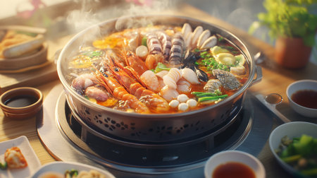 A high-resolution image of a traditional hot pot meal with a sizzling broth, fresh seafood, and vegetables, with dipping sauces and garnishes on the side.の素材