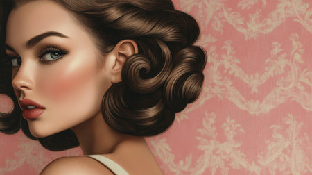 A detailed view of a woman with a retro-inspired vintage hairstyle, including finger waves or victory rolls, highlighting a classic and elegant look.の素材