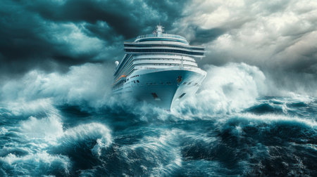 A dramatic image of a large cruise ship cruising through turbulent ocean waves, with the powerful spray of water and the ships impressive size highlighted against the stormy sky.の素材