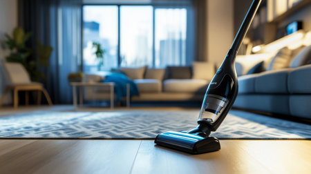 A dynamic shot of a vacuum cleaner being maneuvered around furniture in a living room, highlighting its ease of use and versatility in cleaning different surfaces.の素材
