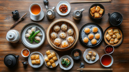 A high-resolution photo of a traditional dim sum table with an assortment of  and , surrounded by chopsticks and tea cups for an authentic dining experience.の素材