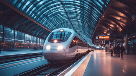 A modern high-speed train pulling into a futuristic station, with passengers waiting on the platform under a glass roof.の素材
