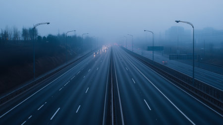 A serene image of an empty expressway during early morning hours, with soft, diffused light and minimal traffic, capturing the calm before the day begins.の素材