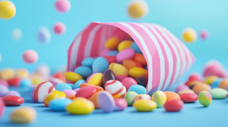 A playful scene of a colorful assortment of  spilling out of an open candy bag, with some candies still inside and others scattered around.の素材