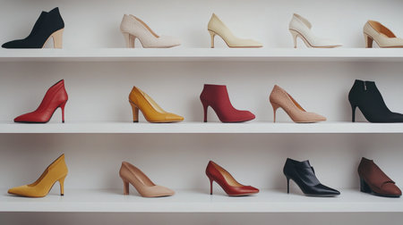 A high-resolution shot of a variety of women's fashion shoes displayed on a sleek, minimalist shelf, including heels, flats, and sneakers in different colors.の素材