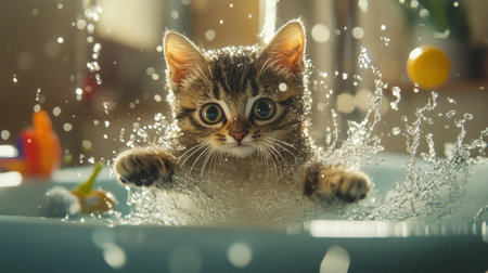 A playful scene of a cat chasing and pouncing on water droplets in a bathtub, with a splashy, fun atmosphere and a few toys scattered around.の素材