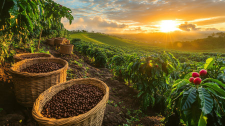 A wide-angle view of a coffee plantation, with rows of coffee plants and baskets filled with freshly picked coffee beans under the golden sunlight of dawn.の素材