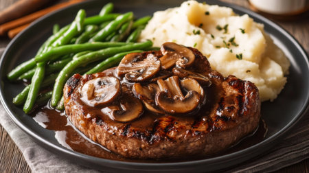 A plate of perfectly grilled steak topped with a rich mushroom sauce, served with a side of garlic mashed potatoes and sauted green beans in a fine dining setting.の素材