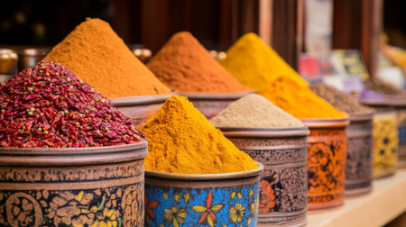 A vibrant image of a traditional spice market display with chili powder in colorful containers, showcasing its variety and appeal among other spices.の素材