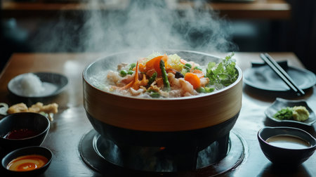 A steaming hot pot filled with vibrant vegetables, seafood, and meat, placed on a table surrounded by dipping sauces, fresh herbs, and chopsticks.の素材