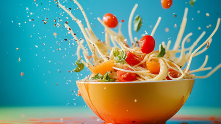 A vibrant image of a bowl of spaghetti with a variety of colorful vegetables, like bell peppers and cherry tomatoes, tossed in a light vinaigrette.の素材