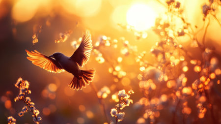 A serene photo of a bird flying close to a sunset or sunrise, with warm, golden hues highlighting the silhouette of the bird and creating a peaceful atmosphere.の素材