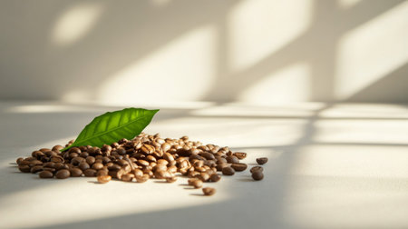 A serene image of coffee beans spread out on a clean white surface, with a single green coffee leaf resting gently on top, symbolizing freshness and sustainability.の素材