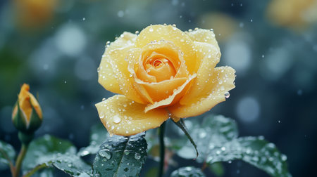 A soft-focus image of a yellow rose in the rain, with water droplets collecting on the petals and leaves, creating a fresh and serene feeling.の素材