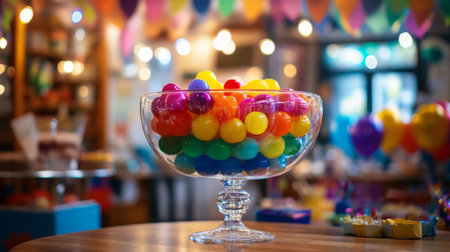A vibrant image of a glass bowl filled with a rainbow of , placed on a table with party decorations, capturing the joyful and festive atmosphere.の素材