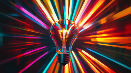 A vibrant image of a light bulb with colorful rays extending outward, symbolizing a burst of creative ideas and inspiration in a visually engaging way.の素材